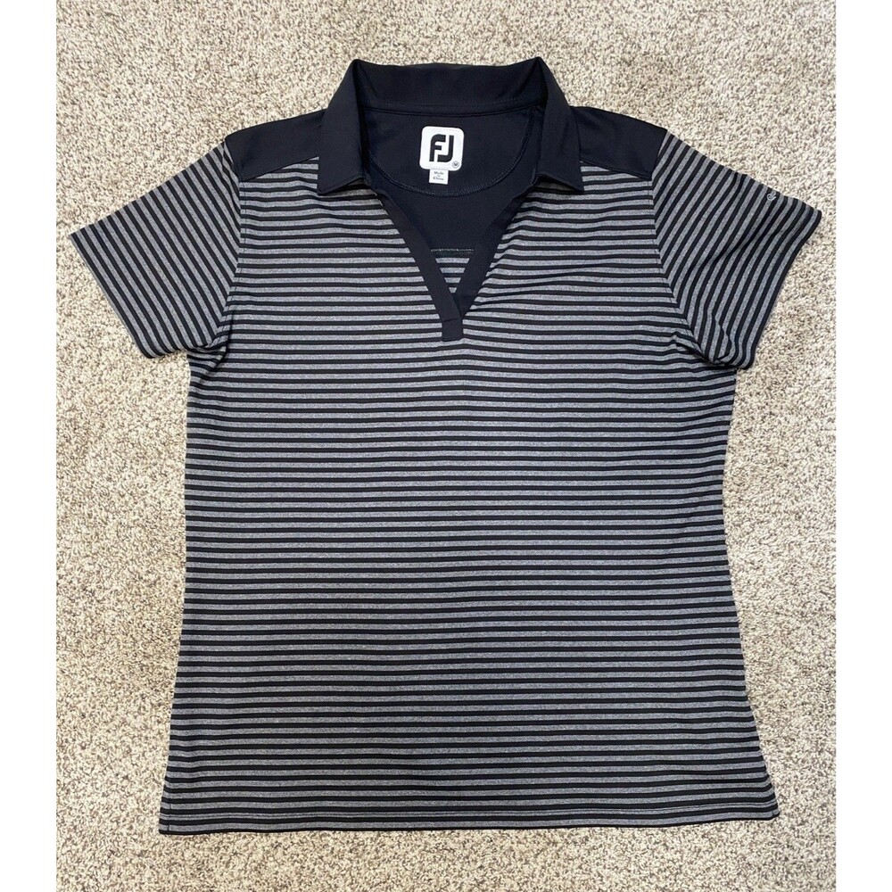 Footjoy Golf Shirt Womens M Black Short Sleeve Polo Performance V Neck Striped